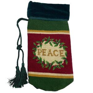 NEEDLEPOINT BOTTLE BAG Holiday Peace Design Christmas Holly Tassel ties